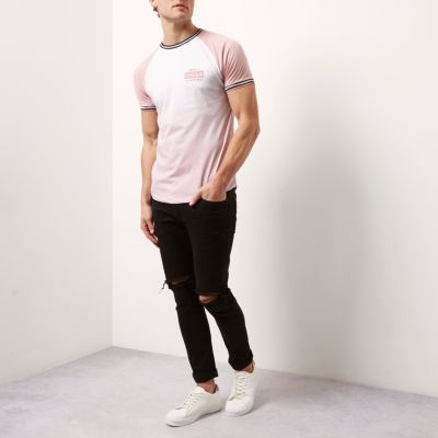 Pink slim fit faded effect raglan T-shirt